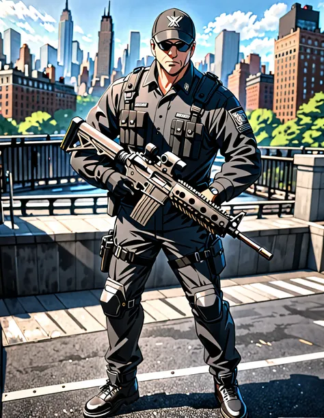 best quality, masterpiece, hires, 8k, solo, solo focus, highly detailed, 1male, male focus, Mafia enforcer with AR-15 rifle, black tactical uniform, tactical gear, New York backdrop, daytime, full body shot