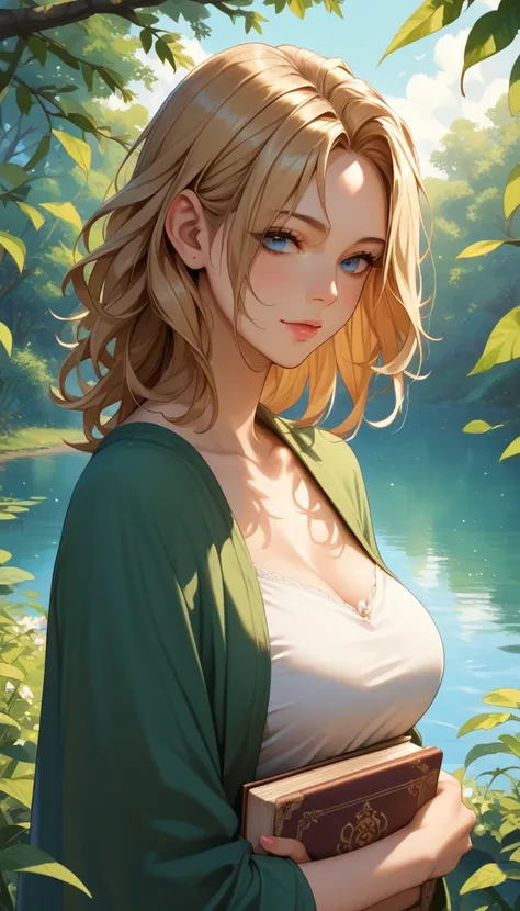 Girl reads a book by the lake, bright colors, spring, willow branches, comfort, warm sunlight, Score_9, Score_8_up, Score_7_up, Score_6_up, Score_5_up, Score_4_up, Source_anime, Tag1, Tag2, Quality_masterpiece, Anatomically correct, Beautiful face, Perfect...