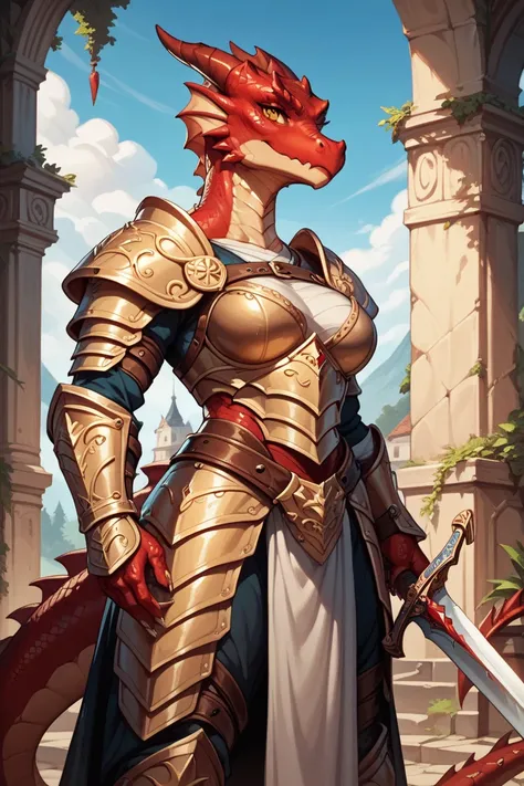  a female dragon anthro, Female Dragon,  with red scales ,  red scaly skin , muscular, high,  of a trained body , with yellow eyes, big strong ,  trained , with armor, with sword,  Best quality ,  masterpiece,  Animated Style ,  animated, 