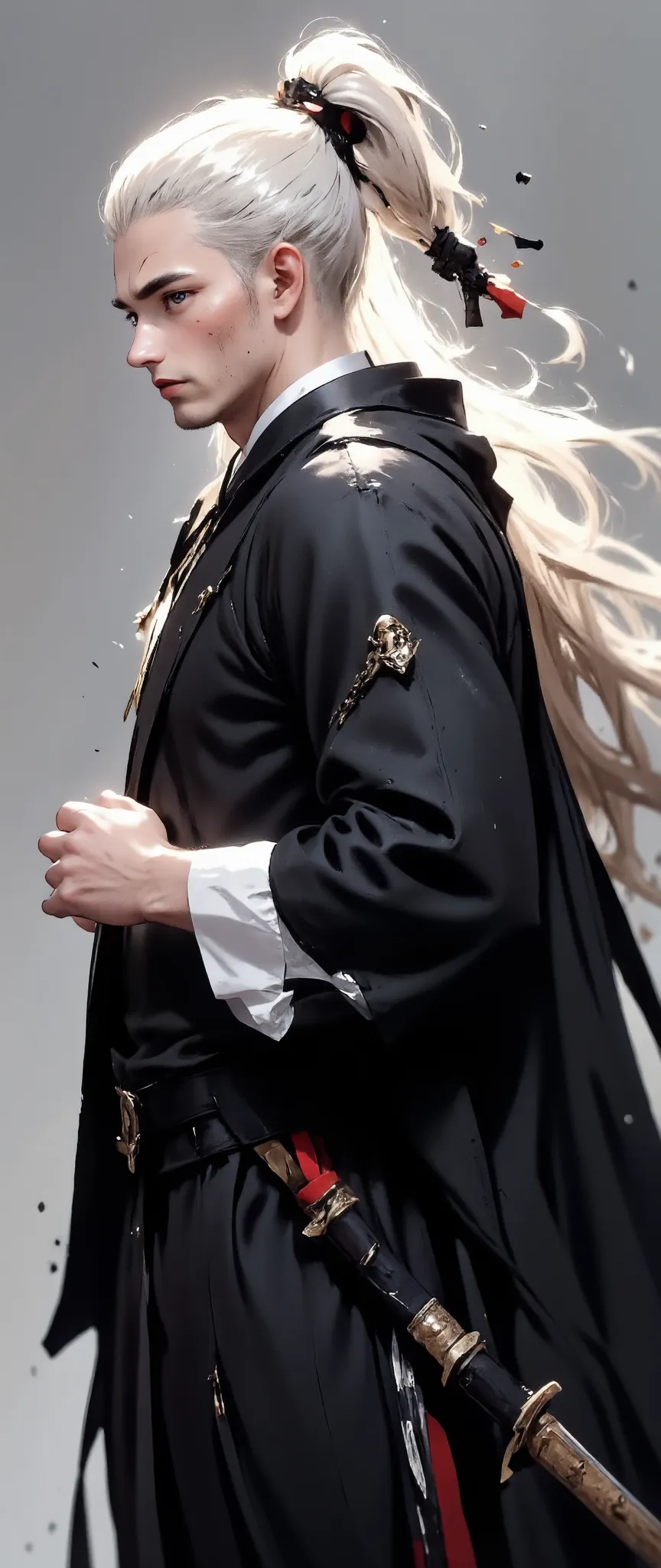 creates a drawing of a man with long hair  , platinum hair, a defined  , tall body, mostly long black ,  white shirt,  black pan...