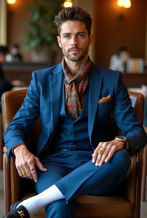 Andrew Garfiled looking 25 yo young and sexy, seated on comfortable chair in a chic restaurant, and wearing black chic fashion loafers with golden LV logos, white thin luxurious silk socks, blue large suit, colored paisey style shirt, silk scarf, luxury wa...