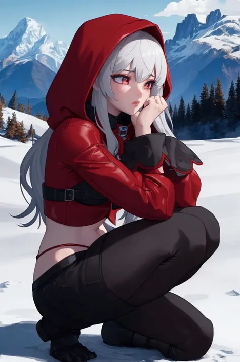 ((extreme detail)),(ultra-detailed), extremely detailed CG unity 8k wallpaper, velvet, figurine, red hood, crop top, lips, looking away, snowy mountains background,(sad),(fetal position)