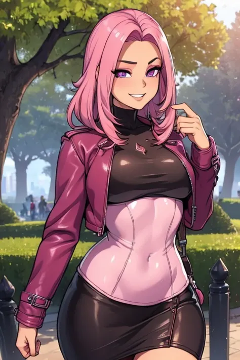 Perfect face. Perfect hands. A pink haired woman with violet eyes and an hourglass figure in a leather jacket and leather skirt is smiling in the park.