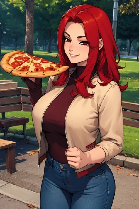 Perfect face. Perfect hands. A red haired woman with red eyes and an hourglass figure in a cool leather jacket and jeans is smiling while eating pizza in the park