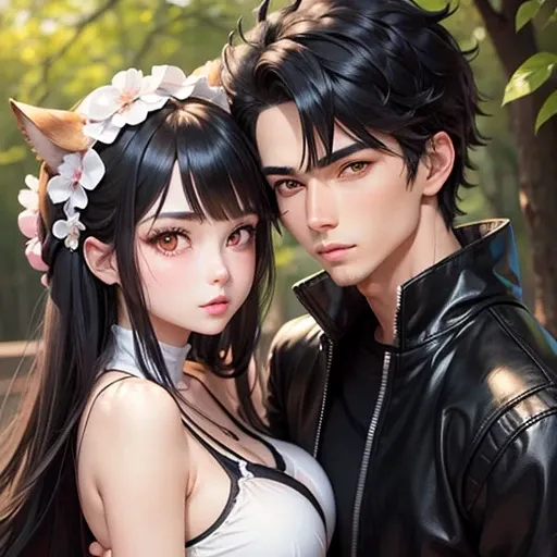 Couple, anime bofuri name maple and payne Detailed face, Detailed eyes, double eyelid,, Handsome-cool-warm-boy with black hair and hot-seductive-sexy-cute-beautiful-girl with black hair and blushing face. Intimate vibes.