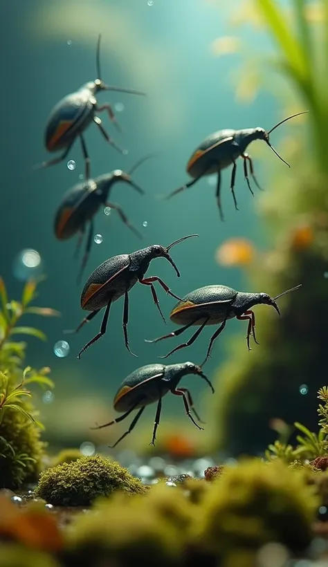 Realistic macro photo of a bunch of water beetles in clear water. Small mossy rocks are visible at the bottom of the water . air bubbles . Tumbuhan dan rumput air. Basic translucent sunlight . bokeh background.