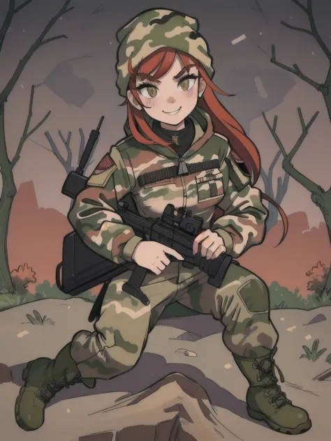 girl menacing eyes with smile and red hair, with a camouflage jacket, tactical glovers, camouflage balaclava, camouflage pants a...