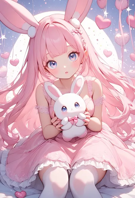 Beautiful slender girl in a delicate pink dress with a ball in her hands, Big bright eyes,  long doll eyelashes ,  Long hair , plump lips, she looks at the viewer,  rabbit plush toy , white stockings, lolly style ,  against star hearts and sparkles 