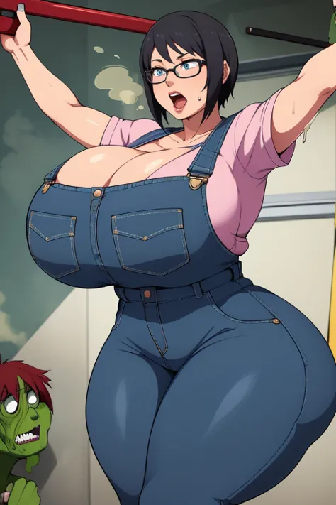 shizune, 1girl, ((bimbo))), short black hair, glasses, painted lips, wide hips, thick thighs, huge ass, bimbo face , enormous hu...