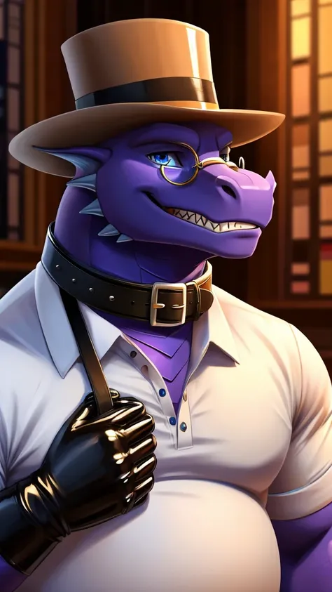 Solo, Male, fat, extremely obese, gentleman, dapper Professor Dragon, blue eyes, (posing:1.3), (soft shading), 4k, hi res, ((detailed face, detailed)), looking at viewer, mouth wide open, dapper clothing, polo shirt with buttons, top hat, close up, male fo...