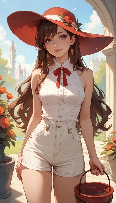 Izayoi Seishin artstyle, (score_9, score_8_up, score_7_up), (best quality, masterpiece),perfect anatomy,(aesthetic,very aesthetic),official style, (ultra-high resolution), 1girl, long dark brown hair, red bucket hat, white sleeveless shirt, white short sho...