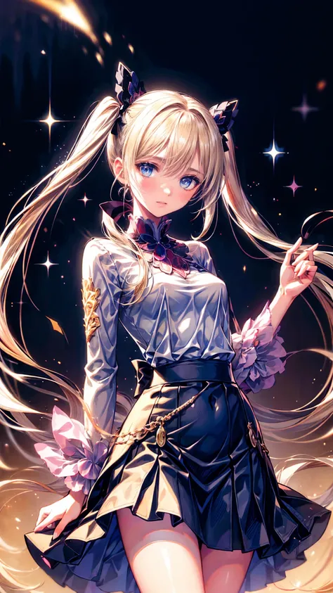 (​masterpiece),(top-quality:1.2),( 1 girl), EXQUISITE DETAILS , bright color ,Soft Tone,  warm atmosphere , Gentle lighting,Slender white body,(Black checked long skirt:1.3),( latest trend clothes ),(Blonde with twin tails in the middle:1.3), beautiful det...