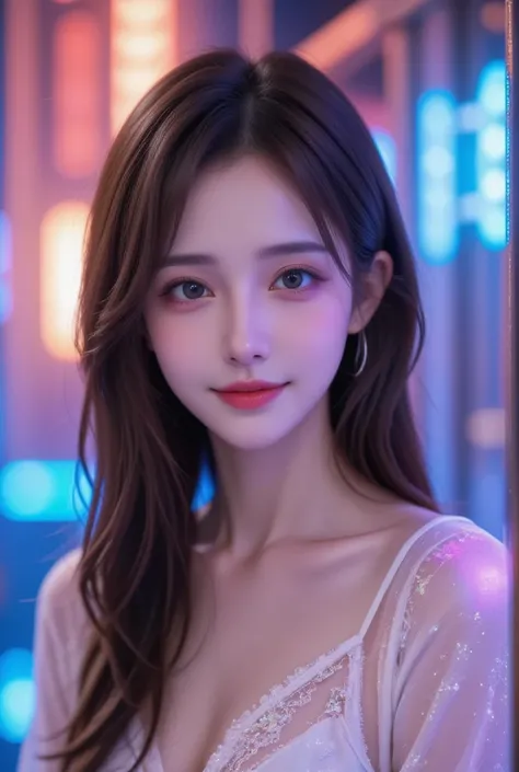   Beautiful Virtual Idols  ,  Detailed Digital Avatars  ,  Bright Holographic Figure , Clear Sparkling Skin  ,  detailed facial features ,  charming smile  , Delicate expression, Long flowing hair,  Elegant Poses  ,  Surreal Futuristic Environments  ,  mul...