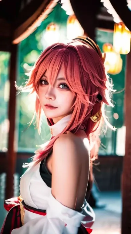 best quality, masterpiece, highres, 1girl, slim body, solo, yae miko from genshin impact cosplay, alone, jealous face,Beautiful face,upon_body, tyndall effect,photorealistic, dark studio, rim lighting, two tone lighting,(high detailed skin:1.2), 8k uhd, ds...