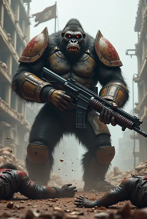 A wounded giant gorilla in blood sci-fi armour suit with  machine gun stand over dead bodies and bones,Heavy Breathing, Red Eyes, Ammunition,War, High Resolution, sci-fi, damaged city, torn flag