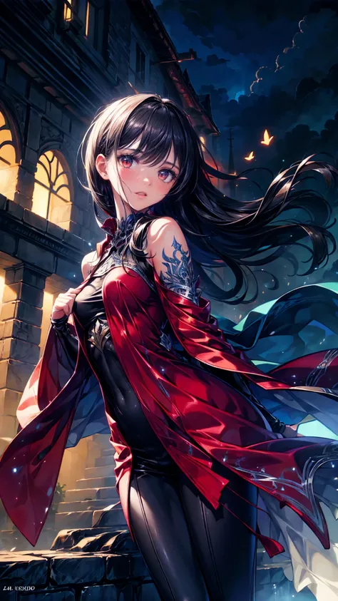 Beautiful 25-year-old British female vampire mercenary with short dark hair, 青whiteい肌,  with short black hair , A beautiful 25-year-old British female vampire mercenary with two pistols ,  front view,  waist up shot,  Dynamic Poses, Ambient lighting, Photo...