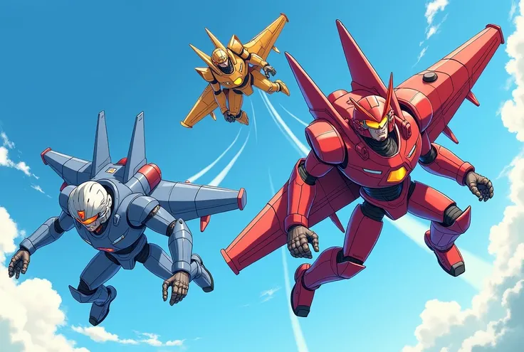 A vibrant, manga-style illustration of three male characters, aged around 17, flying in a dynamic, 3D formation in the sky. The characters are humanoid representations of different fighter jets, wearing mechanical armor inspired by various aircraft, with e...