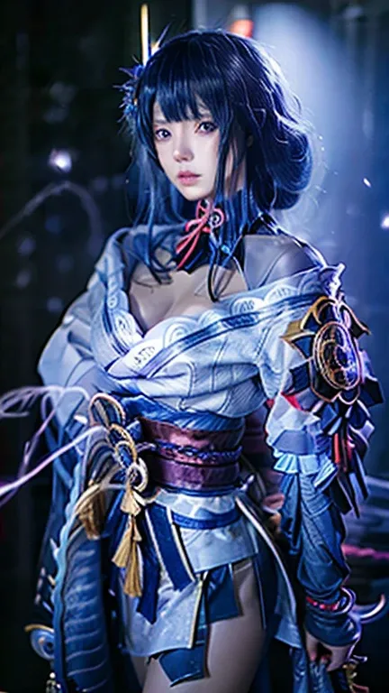 best quality, masterpiece, highres, 1girl, slim body, solo, Raiden Shogun from genshin impact cosplay, alone, jealous face,Beautiful face,upon_body, tyndall effect,photorealistic, dark studio, rim lighting, two tone lighting,(high detailed skin:1.2), 8k uh...