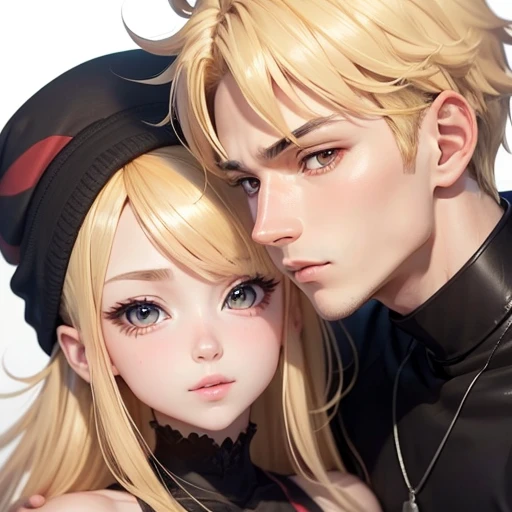 Couple, anime bofuri name maple and payne Detailed face, Detailed eyes, double eyelid,, Handsome-cool-warm-boy with blonde hair and hot-seductive-sexy-cute-beautiful-girl with short black hair and blushing face. Intimate vibes.