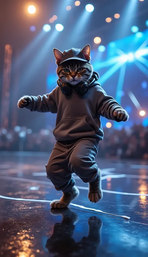 Cant Beat, a grey tabby cat with a sideways baseball cap and headphones around his neck, is breakdancing on a Americas Got Talent stage. He performs a mid-spin move in baggy pants and a hoodie. A breathtaking view of the Americas Got Talent stage, showcasi...