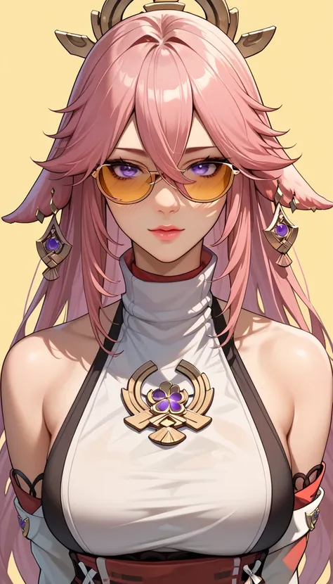 yae miko wearing trendy yellow sunglasses, yellow background, pink hair, purple eyes, Score_9, Score_8_up, Score_7_up, Score_6_up, Score_5_up, Score_4_up, Source_anime, Tag1, Tag2, Quality_masterpiece, Anatomically correct, Beautiful face, Perfect face, Hi...