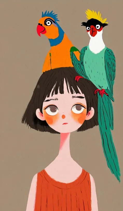  there is a drawing of a woman with a bird on her head,  a digital painting inspired by Will Barnet , tumblr, Digital Art, there are birds on her head, parrot on the head , procreate   similar to Kemono, solo portrait 🎨🖌️,  bird poop on the head ,   simila...