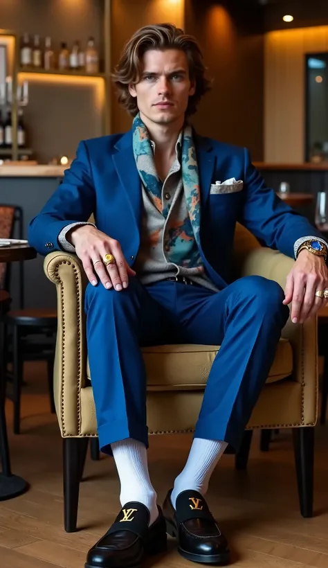 Andrew Garfield looking 25 yo young and sexy, seated on comfortable chair in a chic restaurant, and wearing black chic fashion loafers with golden LV logos, white thin luxurious silk socks, blue large suit, colored paisey style shirt, silk scarf, luxury wa...