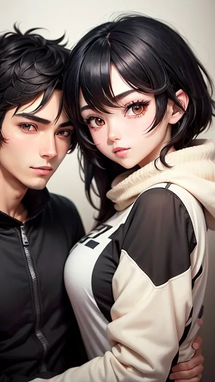 Gamers couple, anime bofuri maple and payne Detailed face, Detailed eyes, double eyelid,, Handsome-cool-warm-boy with black hair and cute-beautiful-girl with short-black-hair and blushing face. Intimate vibes.