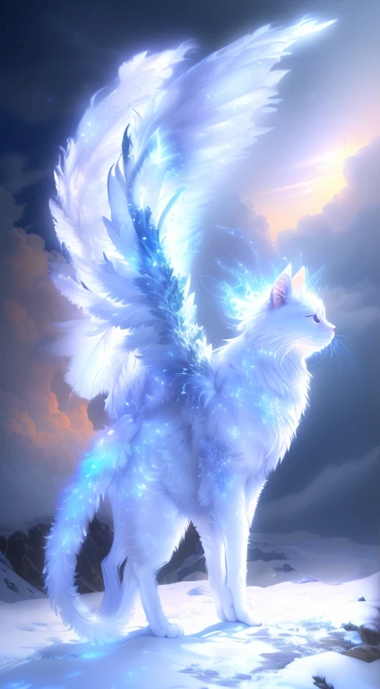 there is a white cat With wings on a snowy surface,  mythical creatures ,  Exquisite and Handsome Feathers , Majestic Wings, Winged wolf, White Wings, Electric cat flying on ice, a  mythical creatures , Beautiful Wings, With wings.  super detailed,  Detail...