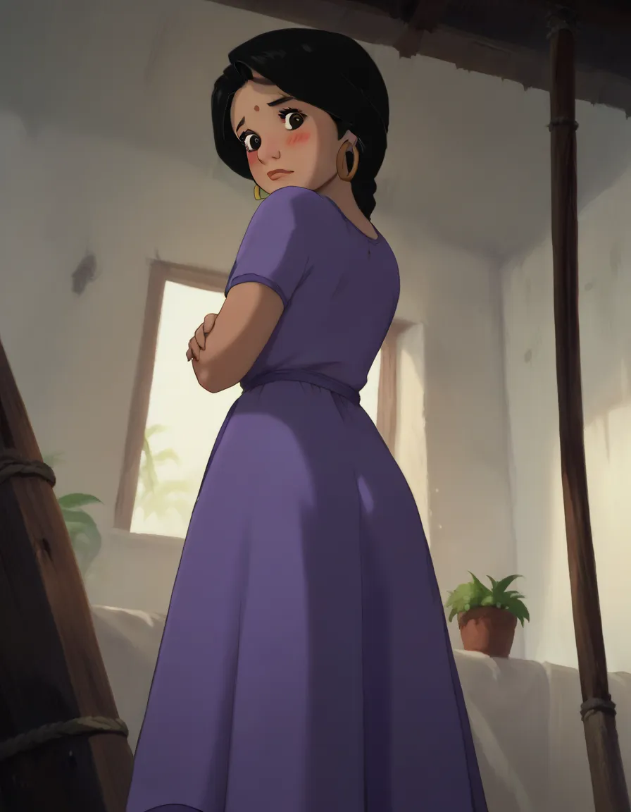 Shanti,  black hair ,  braided ponytail ,  brown eyes, score_9, score_8_up, score_7_up, score_6_up, score_5_up, score_4_up, woman,  retro art style , flat chest, clavicle, (Alone), standing,  Looking at the viewer, earrings rings , purple dress,   inside t...