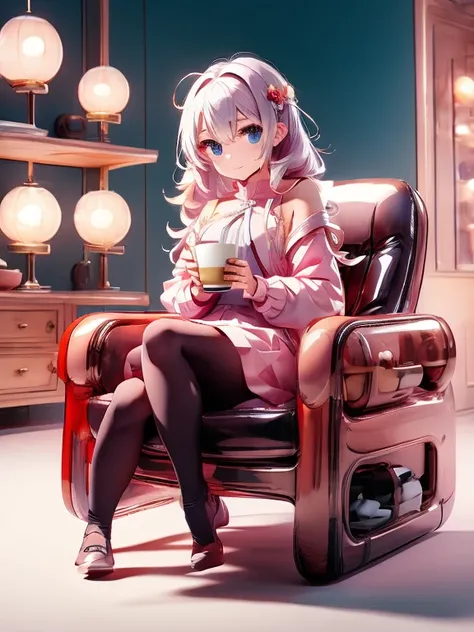  anime girl sitting on a chair holding a coffee cup in her hand, Alchemist Girl ,  Light novel cover ,  Official Art,  Epic Light Novel Art Cover,  Official Artwork, epic  Light novel cover , change, isekai, small curve change, Crush Lease, Kshat Krentzky ...