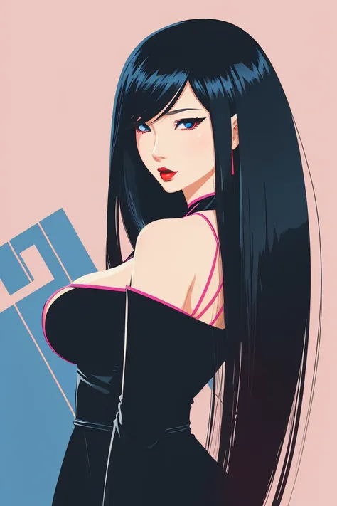 japanese woman with long black hair and blue eyes, red lipstick, vector illustration, flat design, plunging neckline, cartoon style, pink background, closeup portrait, stylish outfit, fashion concept art, huge breasts, 