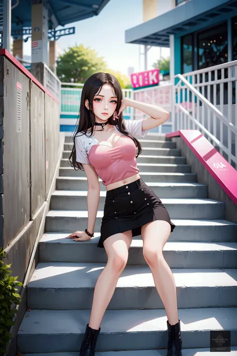 pretty college girl, sitting pose on stair garden, amusement park, (+forehead, dark-brown straight hair, wavy trim hair), wearing white and pink shirt, dark navy-blue denim pencil mini skirt, black ankle boots, choker, BREAK, (1girl, solo, full body), (bes...