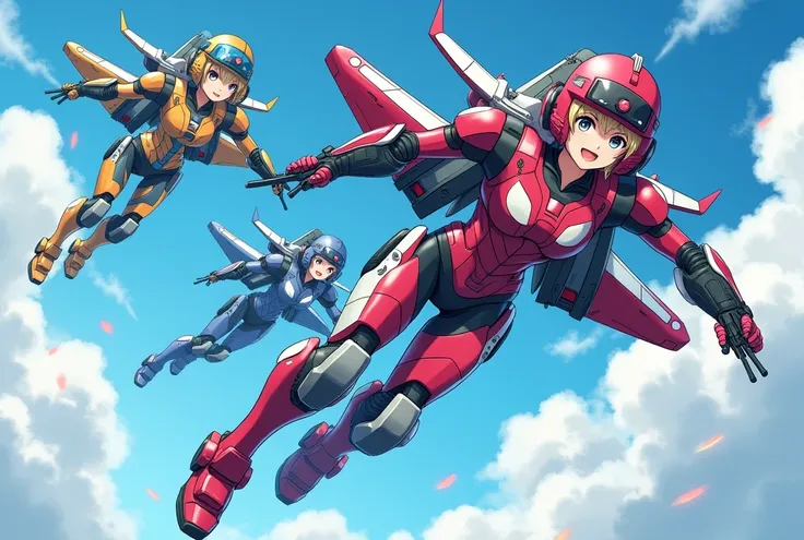 A vibrant, manga-style illustration of three female characters, aged around 17, flying in a dynamic, 3D formation in the sky. The characters are humanoid representations of different fighter jets, wearing mechanical armor inspired by various aircraft, with...