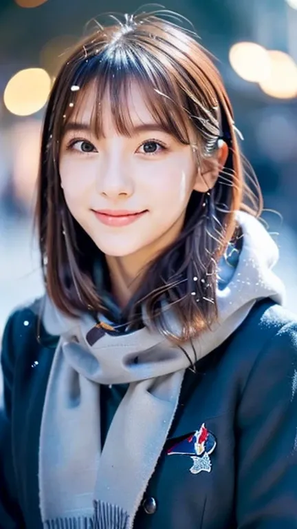  (Close-up portrait of one girl has long hair with dull bangs in a winter uniform and scarf coat:1.5)、(One girl open her arms widely with a shy smile:1.5)、(Snowing winter night street corner with Christmas lights:1.5)、(Perfect Anatomy:1.3)、(No mask:1.3)、(c...