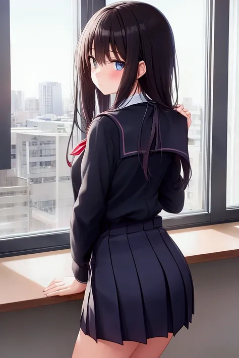 skinny teen girl, school uniform, classroom, view from back, looking at photographer