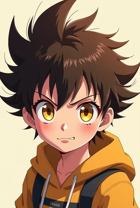 Here is a suitable prompt to generate an image similar to the one you provided:
Prompt:
 * "Anime-style portrait of a mischievous young boy with spiky brown hair, glowing yellow eyes, and a confident smirk."
This prompt incorporates the key elements of the...