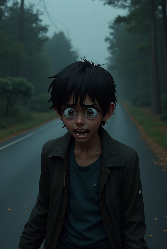 Rajoo turns back, looking around with a scared expression. His wide eyes and tensed face show panic. Behind him, the road remains completely empty.