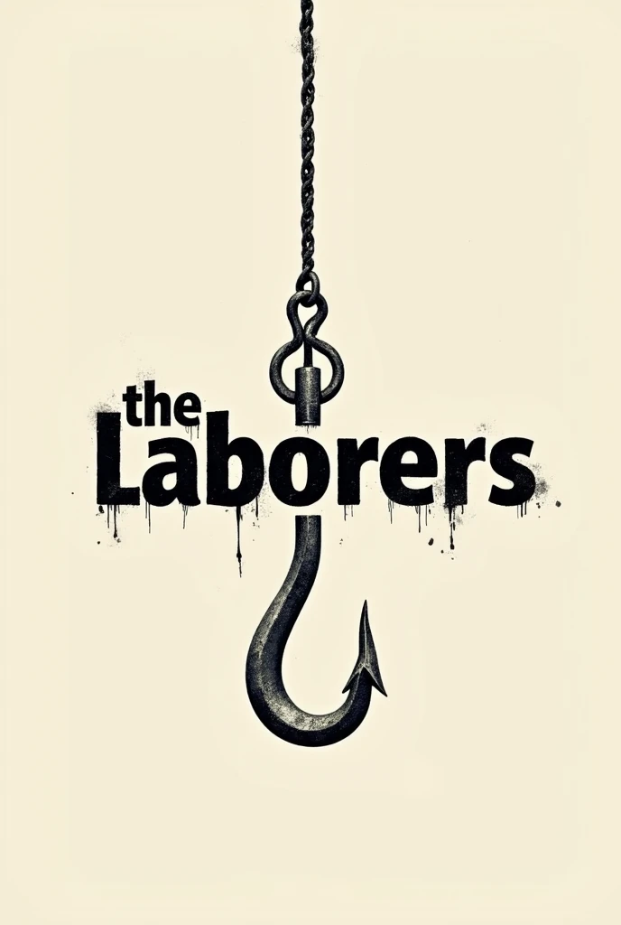 The text ‘The Laborers’ designed to look as if it is being pulled by a sharp fishing hook. The hook is metallic and realistic, with a rugged industrial texture. The text is bold, slightly distressed, and integrated naturally with the hook. The overall desi...