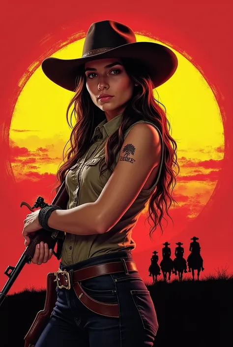 red dead redemption artwork portrait poster of this beautiful young 25 years old woman, cowboy, she wears a cowboy hat and holds a rifle, texas indian people and sun in background, artwork in the style of read dead redemption, highly detailed, fine details...