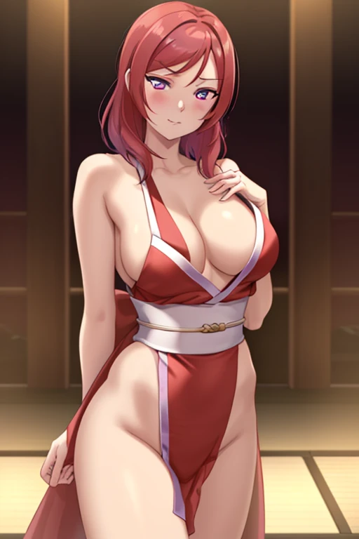 ((masterpiece)), 8K Wallpaper,, is of the best quality,(Standing ),( looks at the audience),  purple eyes , ( Perfect buttocks),( detailed body position in ancient Japan), Front to face , nishikino maki,  female ninja costume , Standing,  blush, Both hands...