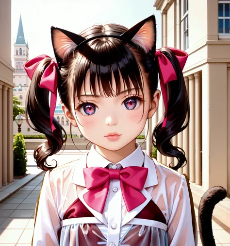  Wears Pink Wet, Sheer Clothes, Cat Ears Cat Tail ,  Lorianime Girl ,  Real Shadow,  detailed skin,  very small chest by the wall of a building ,  black hair,  Twin Tails with Ribbons ,  very detailed, 8K high resolution face , Perfect Face Shape, Perfect ...