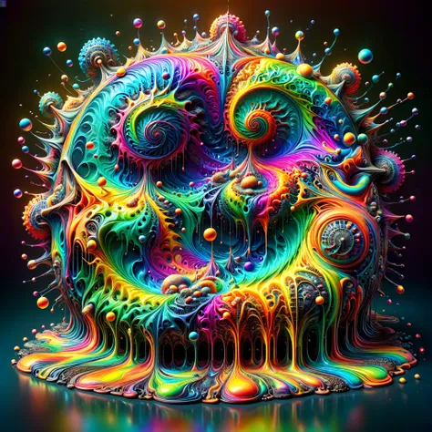 A psychedelic dream, vibrant colors shimmering, glass morphing from colors, intricate rainbow patterns, perfectly formed symmetrical spheres and glowing reflective bubbles, attention to detail on the bubbles and spheres, rainbows of color twisted in and ou...