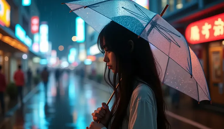 best quality,ultra-detailed,realistic,long hair,girl,raining,street view,portraits,photography,vivid colors,wet pavement,umbrella,city lights,reflections,cityscape,sidewalk,neon lights,traffic,night scene,,serene,urban,atmospheric,bokeh,soft focus,high con...