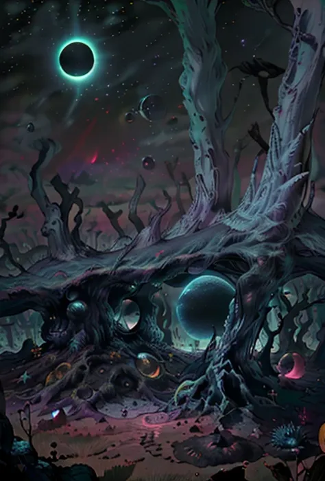 Fantasy image, alien planet with several moons and the black hole in the background, black hole like the one in the movie Intelstarar, stars in the background, illuminated landscape full of extraterrestrial life, extraterrestrial trees, unusual trees, tree...