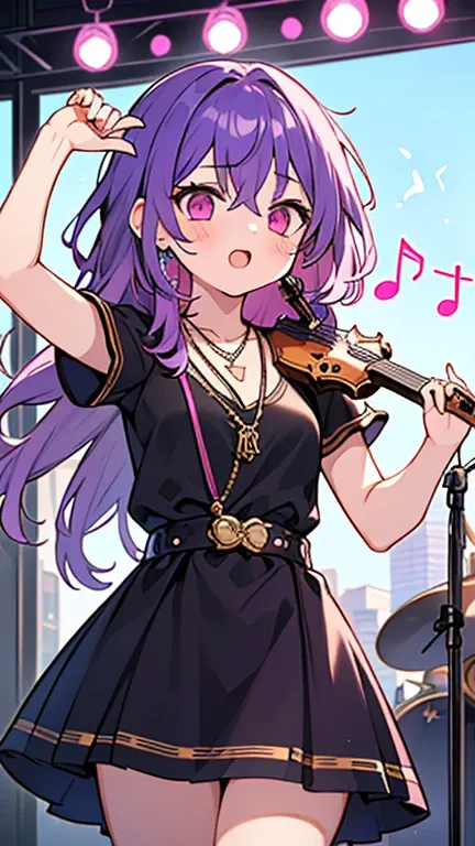 (( Girl with purple hair and pink eyes)),((Im wearing a musical note necklace )),((Im wearing purple idol clothes )),bangs, hair between my eyes 