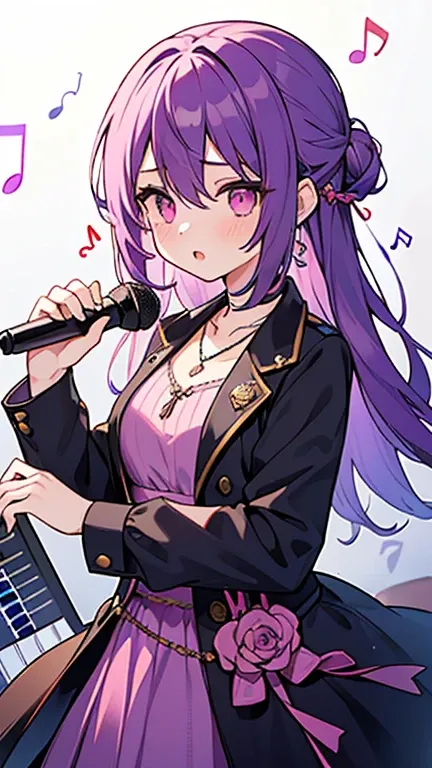 (( Girl with purple hair and pink eyes)),((Im wearing a musical note necklace )),((Im wearing purple idol clothes )),bangs, hair between my eyes 