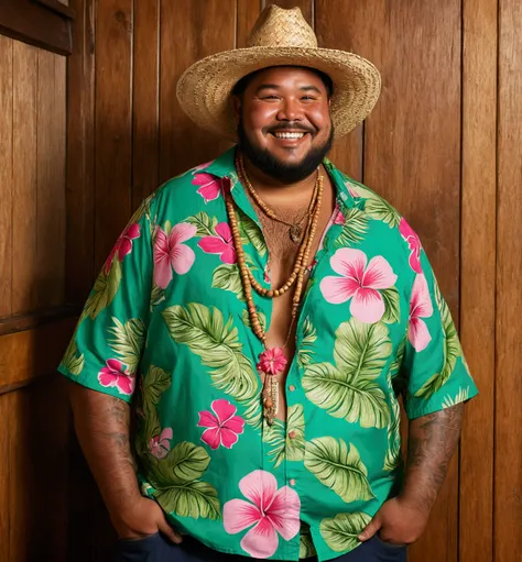 Draw a short chubby man with a green Hawaiian shirt, a straw hat, a pink flower necklace around his neck, with hairy arms and dark skinDraw a short chubby man with a green Hawaiian shirt, a straw hat, a pink flower necklace , with hairy arms, brown skin an...