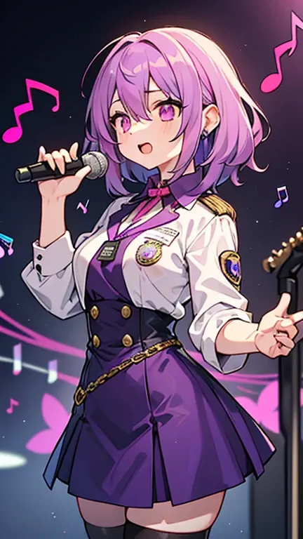 ((Woman with purple hair and pink eyes)),((Im wearing a musical note badge)),((Im wearing purple idol clothes )),bangs, hair between my eyes 