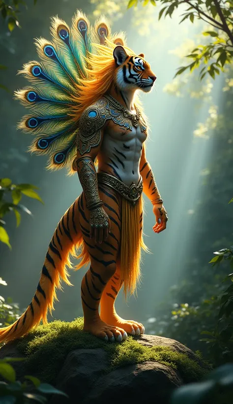 Depict a powerful hybrid creature emerging from the heart of an ancient jungle. This being embodies the essence of India, blending the traits of a regal tiger and a vibrant peacock with the wisdom of an Indian sage. Its humanoid body is covered in tiger-li...